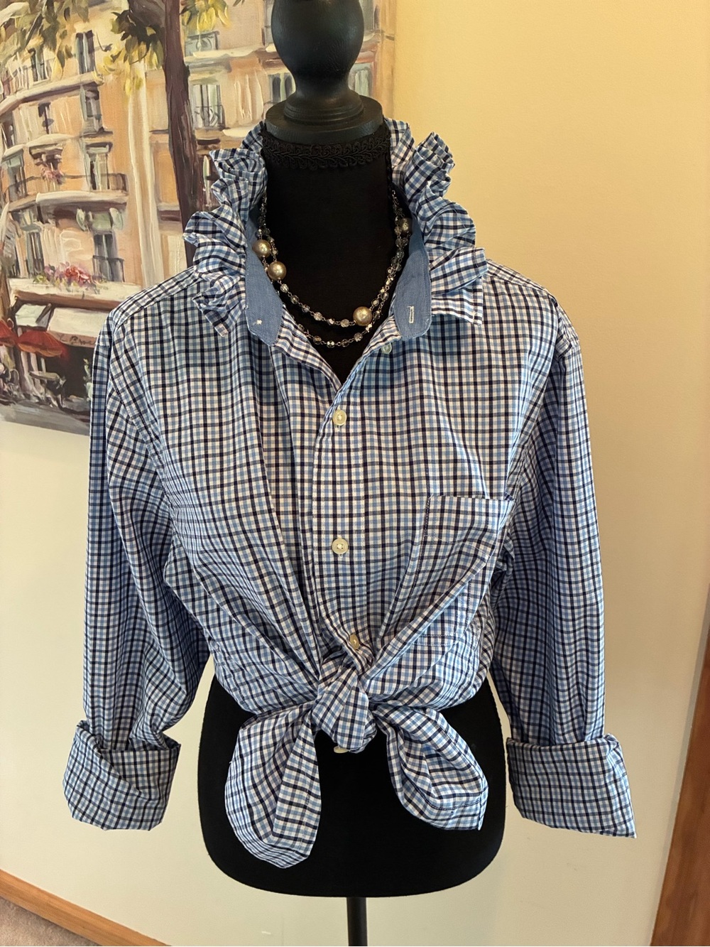 Chaps Blue and White Plaid Ruffle-Collar Button-Down Shirt